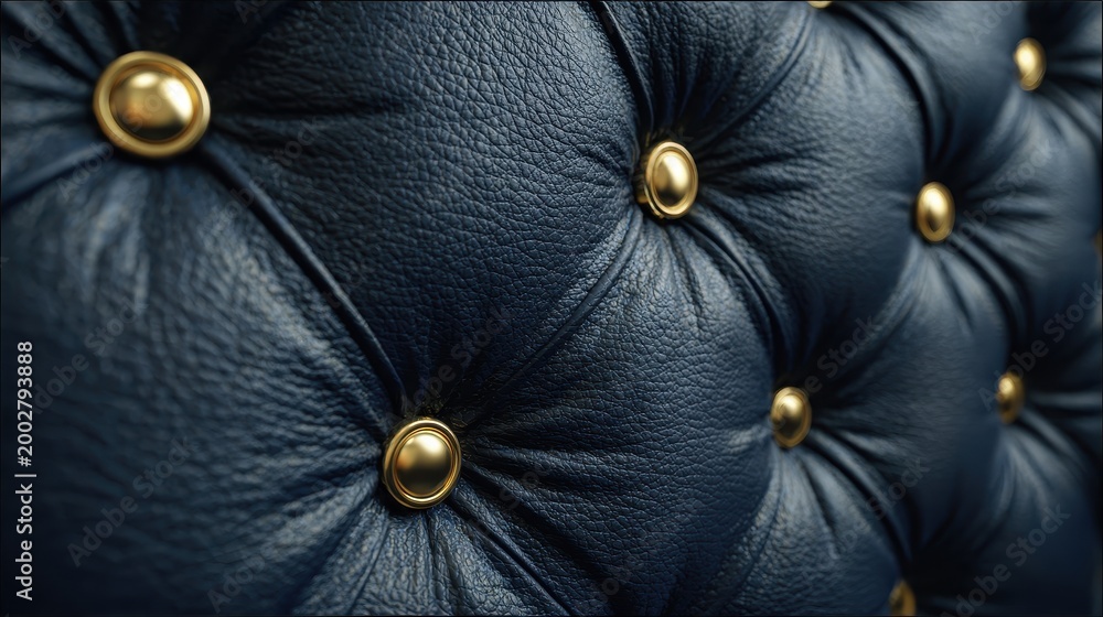 Fototapeta premium Close-up of Luxurious Navy Blue Tufted Leather Surface with Gold Buttons