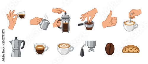 Coffee Making Process Icons Set, Professional Barista Brewing Tools and Hand Gestures, Collection of Espresso Preparation Steps with Moka Pot, French Press, Latte Art and Coffee Beans for Cafe Design