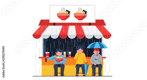 People eating ramen noodles at food stall on rainy day