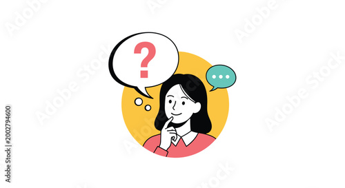 Curious young woman touches her chin while thinking, surrounded by speech bubbles containing a question mark and ellipsis for ideas.