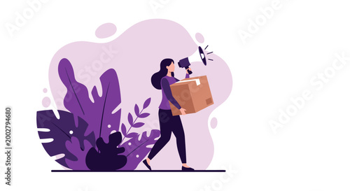 Female delivery worker carries a large cardboard box while announcing news through a megaphone against a vibrant purple background.