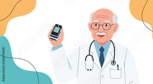 Senior male doctor wearing a stethoscope and white coat holds up a portable pulse oximeter device for oxygen saturation monitoring tasks.