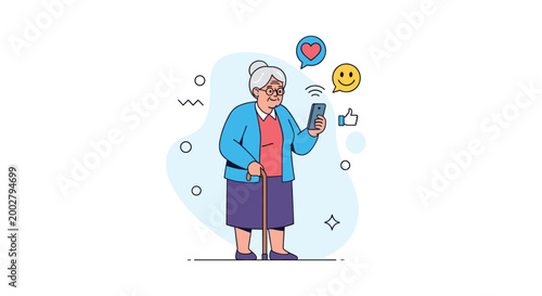 Elderly woman with a walking stick happily uses a smartphone to engage with social media likes, hearts, and messages in a digital world.