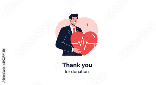 Friendly businessman in a suit holds a large red heart with a heartbeat line to express gratitude for a recent donation.