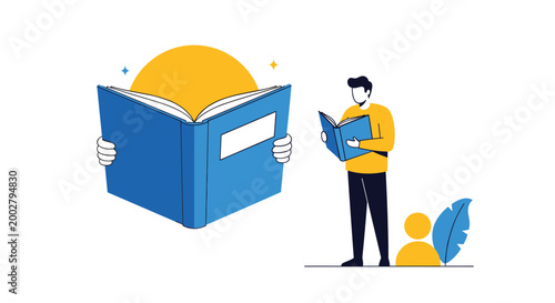 Man stands while reading a small blue book next to a much larger book held by a pair of giant white gloved hands.
