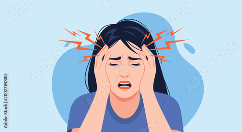 Young woman suffering from intense migraine and headache pressure holds her head with both hands in a state of distress.