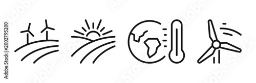 Eco and sustainability icons set, renewable energy elements, wind turbine, solar panel, clean power production, energy saving and green technology symbols, environmental concept.