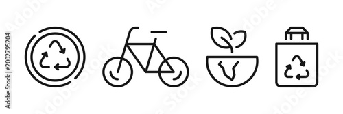 Eco and sustainability icons set, renewable energy elements, wind turbine, solar panel, clean power production, energy saving and green technology symbols, environmental concept.