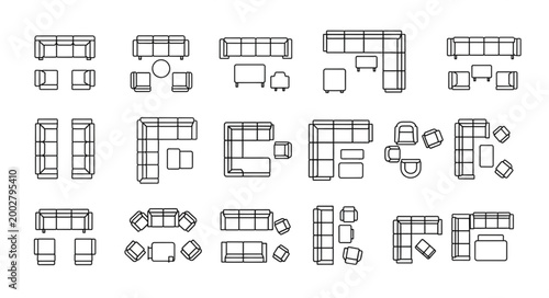 Collection of furniture layout plans for living rooms.