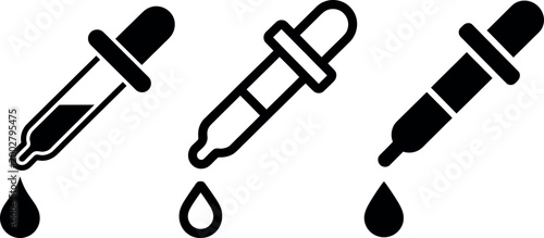 Three black dropper bottles releasing liquid droplets in a row