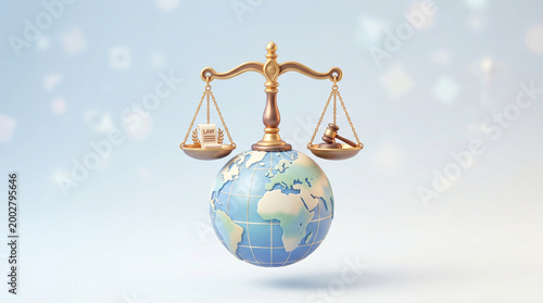 Global justice and legal balance represented by scales on a planet Earth with courtroom gavel and law book