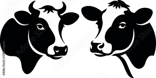 Two black and white cows facing each other simple illustration
