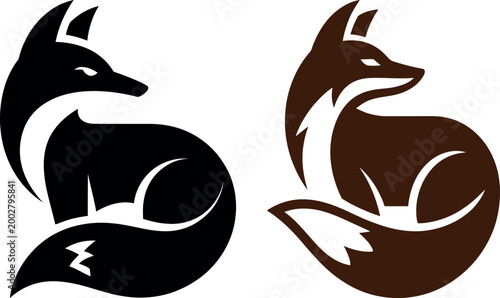 Black and brown sitting fox vector illustration with stylized tail