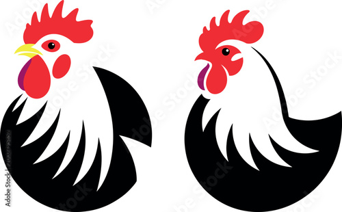 Two roosters standing side by side facing opposite directions