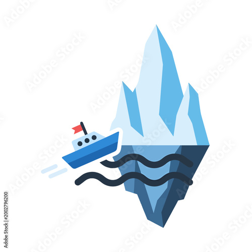 A small blue boat sailing past a large iceberg in the cold ocean water