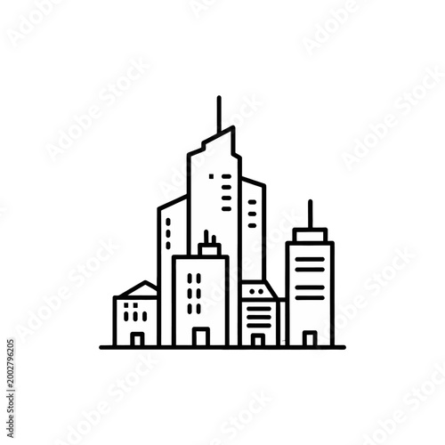 A simple black and white line art illustration of a modern city skyline