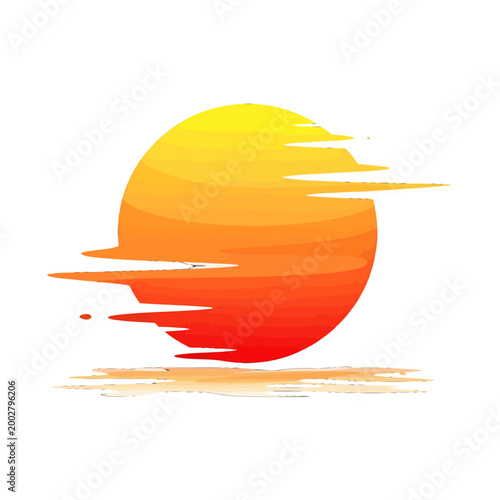 A stylized graphic illustration of a bright sun setting over a calm water surface