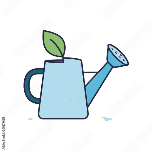 A simple illustration of a blue watering can with a green leaf on a white background