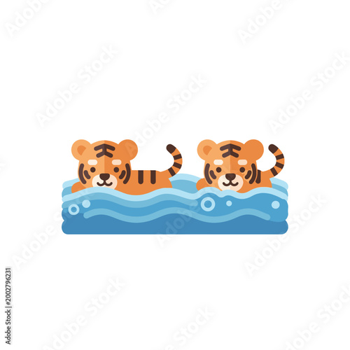Two cute cartoon tigers swimming together in blue water