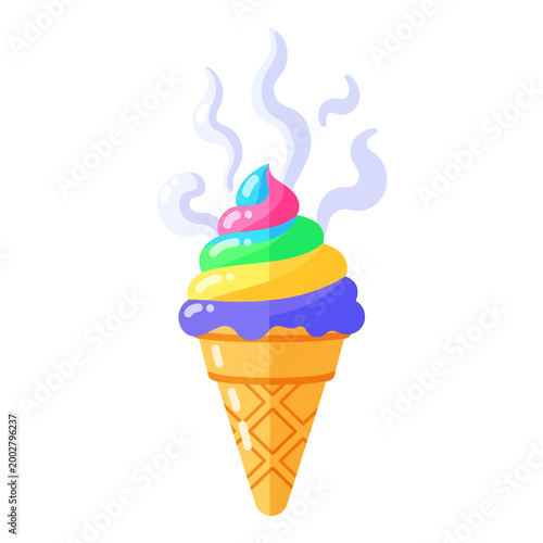 A colorful swirl of dessert served in a crispy waffle cone