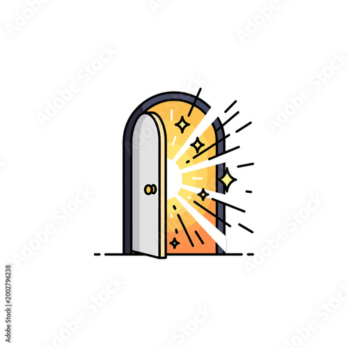 A bright light shines through an open doorway in a simple graphic illustration