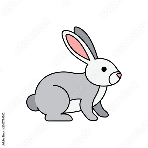 A simple vector illustration of a cute grey rabbit sitting on a white background