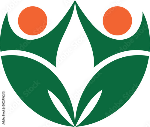 Green leaf logo with two orange circles symbolizing unity and nature