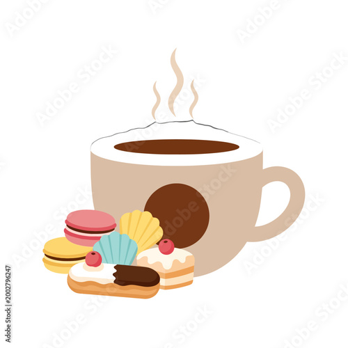 A steaming cup of hot beverage served with an assortment of sweet pastries
