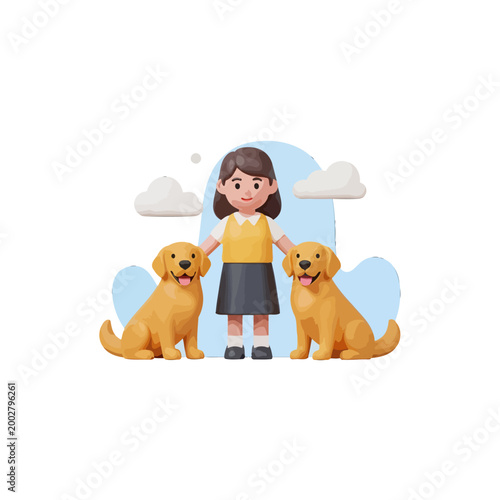 A young girl standing happily with two friendly golden dogs in a park