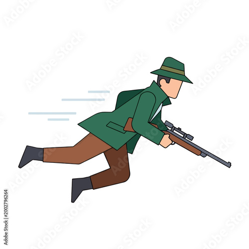 A cartoon illustration of a mysterious person running with a long rifle