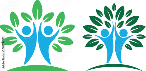 Two people silhouettes growing as trees with green leaves and blue trunks illustration