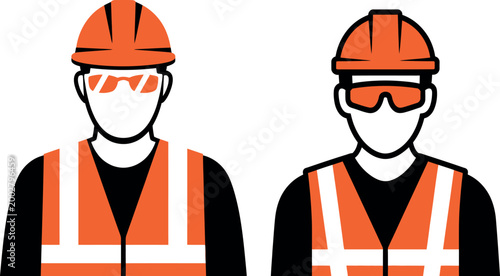 фотографія Two construction workers wearing safety vests and helmets with face protection