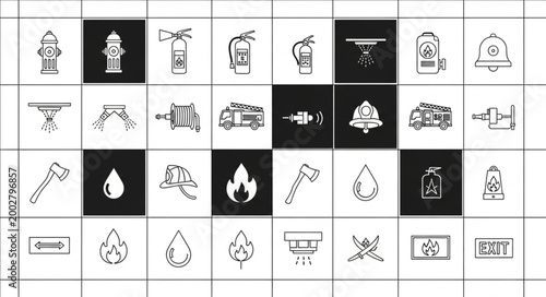 Collection of firefighting and safety icons in a grid layout.