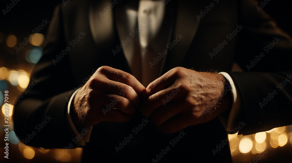 Fototapeta premium Elegant Man Adjusting Tuxedo at Night Luxury Fashion and Confidence Close Up with Warm Bokeh Lights