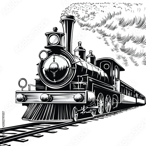 Принти на полотні Side view of a vintage steam locomotive with carriages emitting smoke monochrome