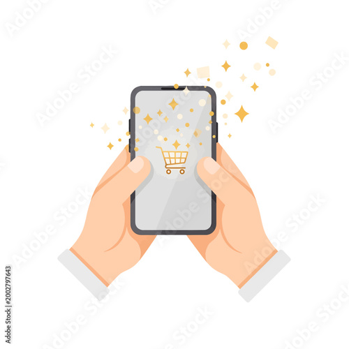 Hands holding a smartphone with a shopping cart icon and floating sparkles