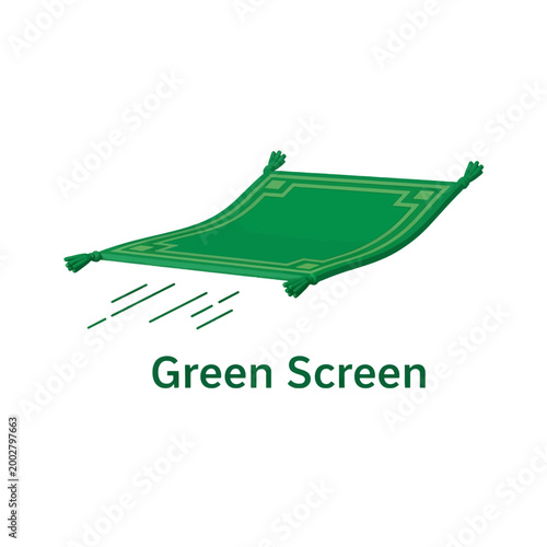 A green decorative rug floating in the air with motion lines shown below it
