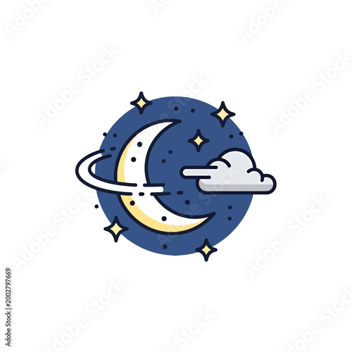 A stylized illustration of a crescent moon with stars and a cloud in the night sky