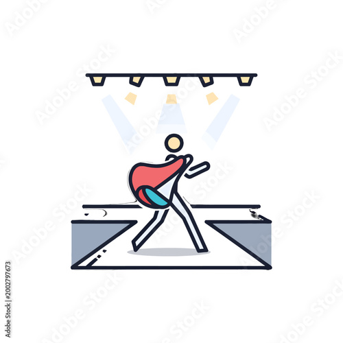 A stylized stick figure walks confidently down a bright fashion runway stage