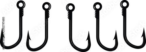 Vector collection of five sharp black fish hook silhouettes for recreational angling sport fishing tackle gear and commercial aquatic equipment