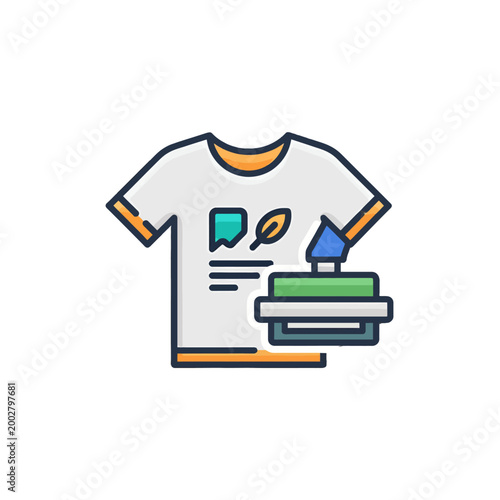 A graphic illustration showing a t-shirt being printed with a professional machine