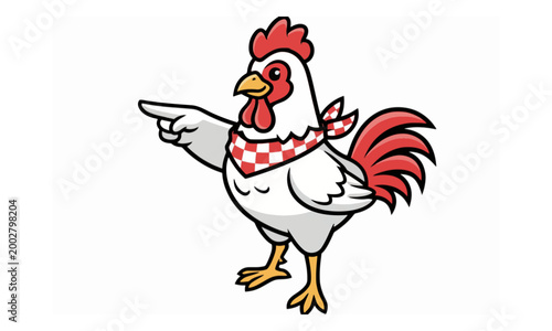 Rooster Mascot Pointing Wing with Red Bandana Vector Illustration