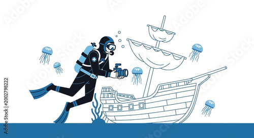 Scuba diver exploring ocean with shipwreck and jellyfish