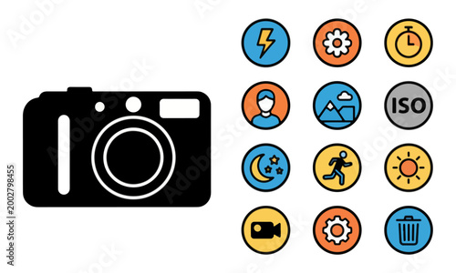 Digital Camera Silhouette and Photography Settings Icons Set