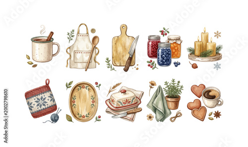Watercolor Scandinavian Kitchen Hygge Clipart Set – Enamel Mug Linen Apron Chopping Board Berry Jam Jar Beeswax Candle Knit Pot Holder Birchwood Tray Butter Dish Herb Pot Nordic Cozy Style