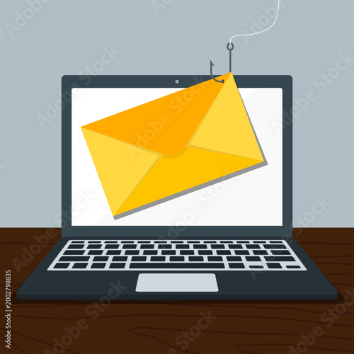 Phishing email scam with hook stealing envelope from laptop screen for cyber attack, online fraud and data theft security threat warning concept.