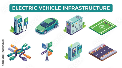 Electric Vehicle Charging Station Car Battery Road and Connector Infrastructure Symbols