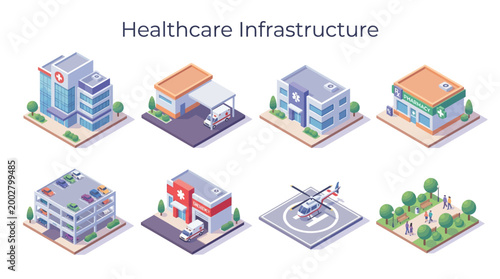 Healthcare Infrastructure Buildings with Hospital Pharmacy Ambulance Helicopter and Park
