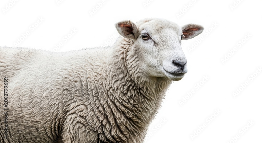 Fototapeta premium White woolly sheep portrait, domestic farm animal with thick fleece, organic livestock and agriculture concept, fluffy ewe head and shoulders isolated on White Background