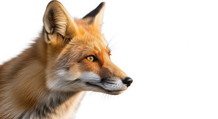 Red fox profile portrait with orange fur, wild animal head shot close up, vulpes vulpes wildlife photography for nature education isolated on White Background